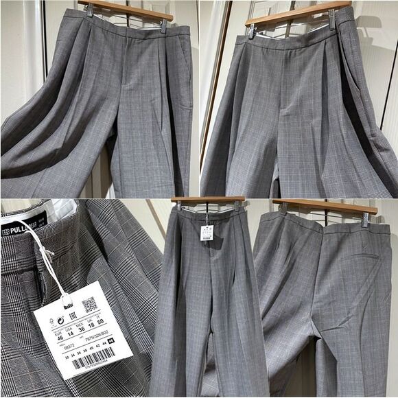 NWT Pull&Bear Gray Plaid Pleated Wide Leg Trousers Slouchy Dress Pants ASOS - Picture 10 of 11